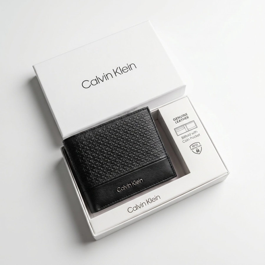 Calvin Klein Men's Wallet - Monogram And Smooth Leather Bifold Wallet Black