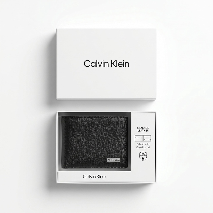 Calvin Klein Men's Wallet - Pebbled Leather Bifold Plate Logo Wallet