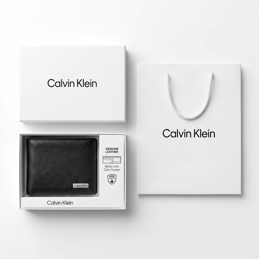 Calvin Klein Men's Wallet - Pebbled Leather Bifold Plate Logo Wallet