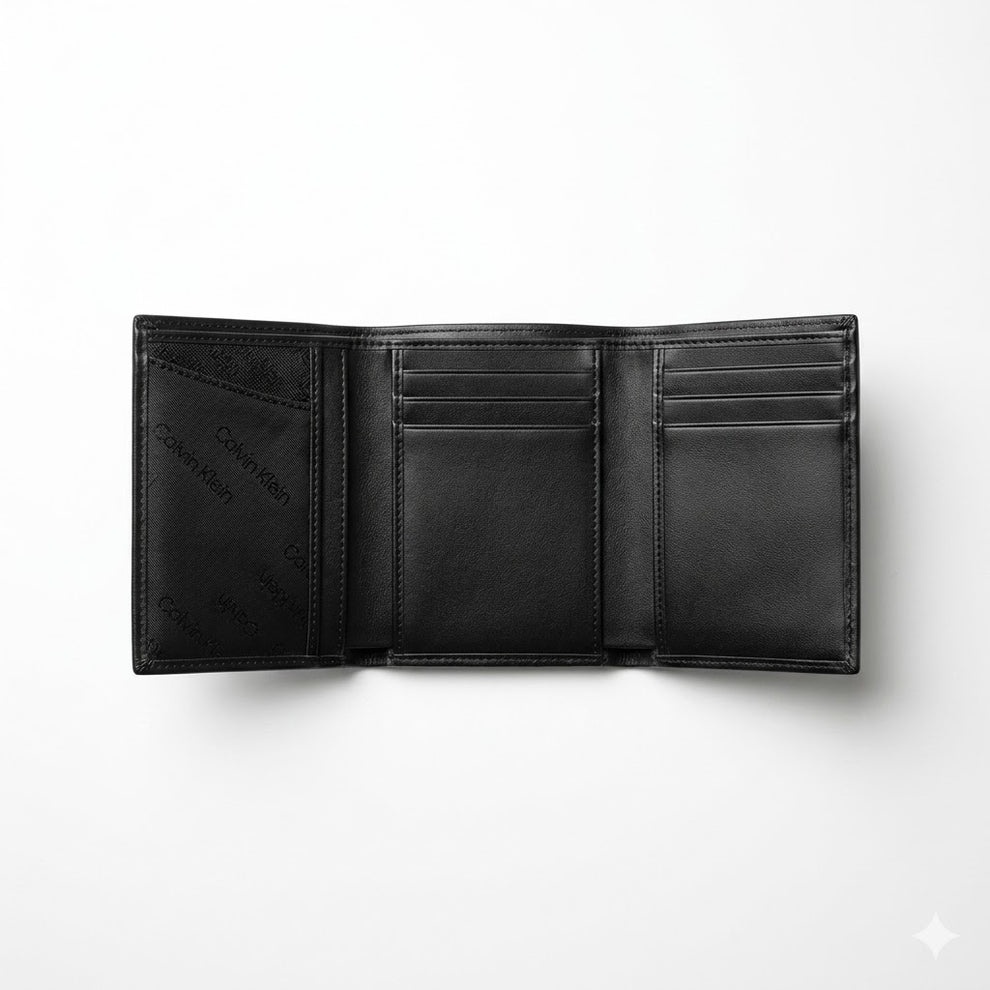 Calvin Klein Men's Wallet - Smooth Leather Bifold Round Silver Logo Wallet