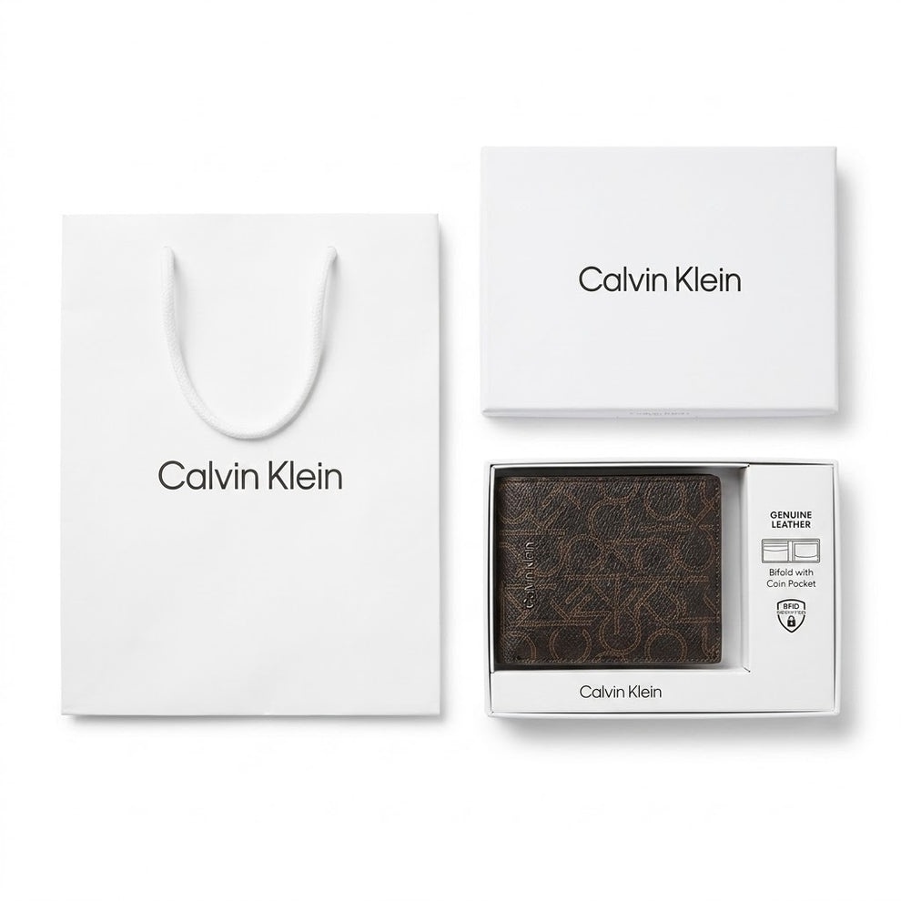 Calvin Klein Men's Wallet - Smooth Leather Bifold Round Silver Logo Wallet