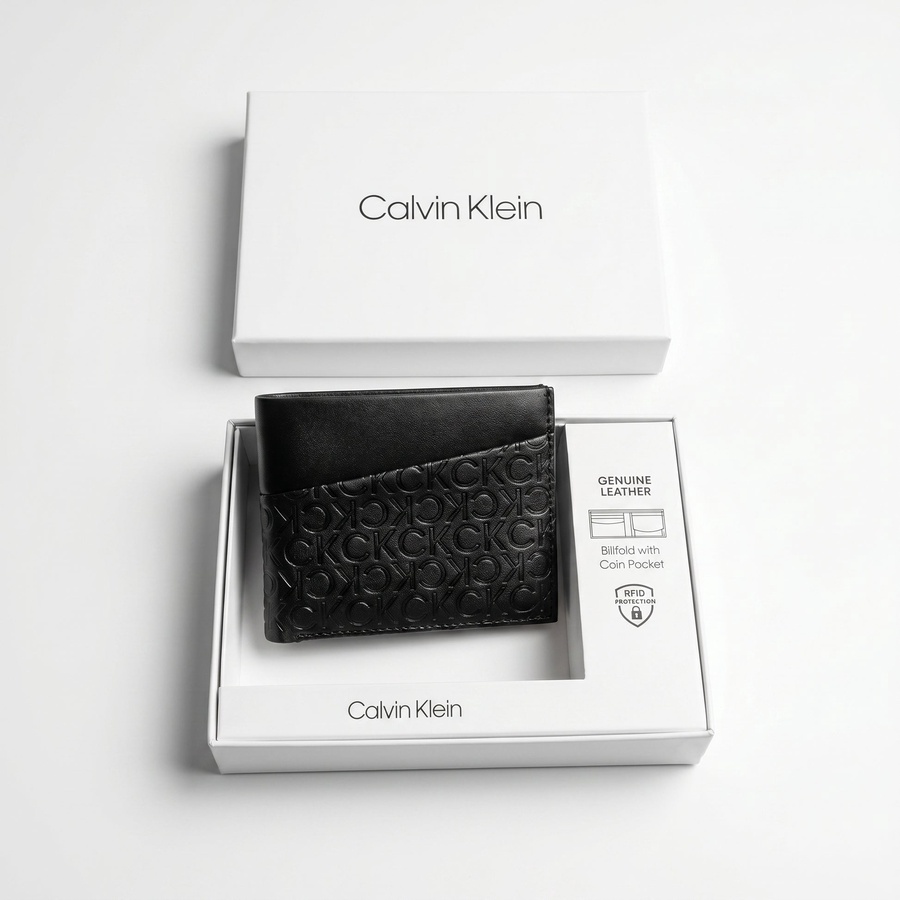 Calvin Klein Men's Wallet - Smooth Leather Bifold Silver Plate Wallet