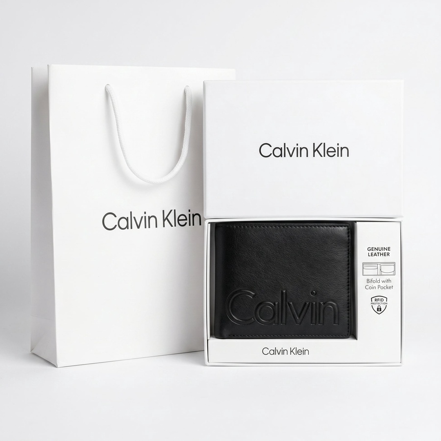 Calvin Klein Men's Wallet - Smooth Leather Bifold Wallet Black Grey