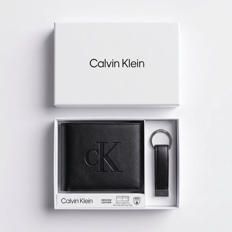 Calvin Klein Men's Wallet - Smooth Leather Wallet With Keychain Set Black