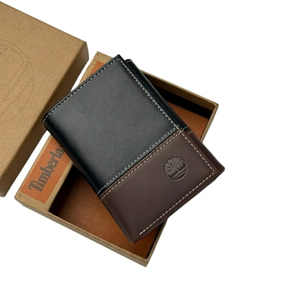 Timberland Men's Wallet - Smooth Leather Two Tone Trifold Wallet Black Bro
