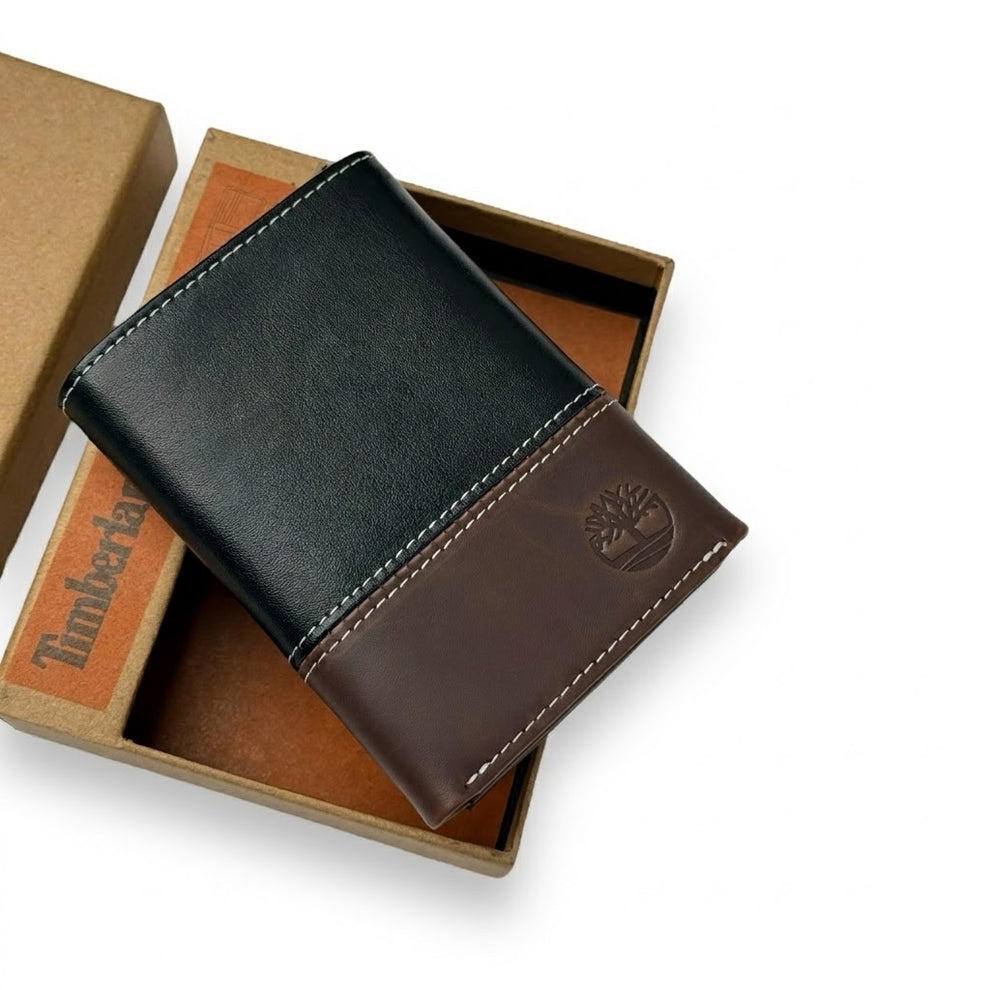 Timberland Men's Wallet - Smooth Leather Two Tone Trifold Wallet Black Bro