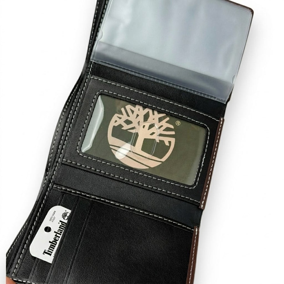 Timberland Men's Wallet - Smooth Leather Two Tone Trifold Wallet Black Bro