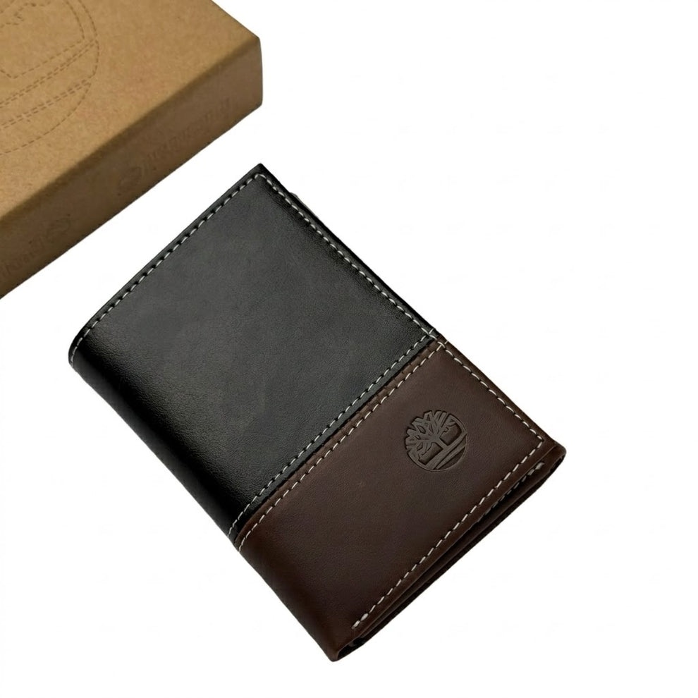Timberland Men's Wallet - Smooth Leather Two Tone Trifold Wallet Black Bro