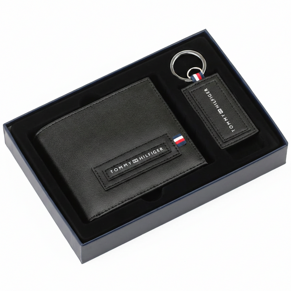 Tommy Hilfiger Men's Wallet - Black Wallet Keychain Gift Set