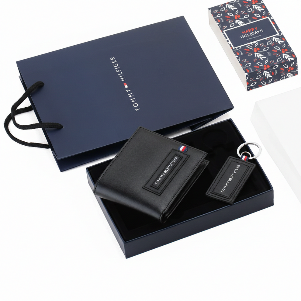 Tommy Hilfiger Men's Wallet - Black Wallet Keychain Gift Set