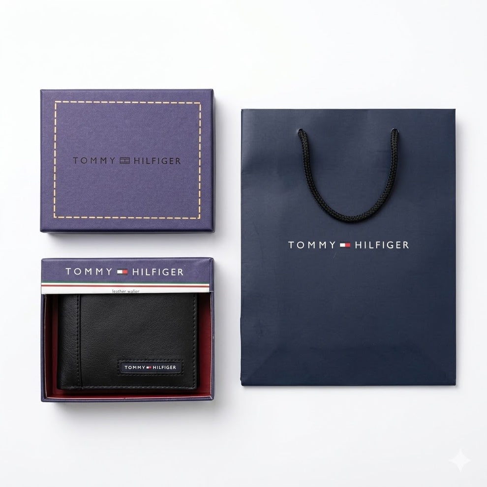 Tommy Hilfiger Men's Wallet - Smooth Leather Wallet Woven Stripe Set