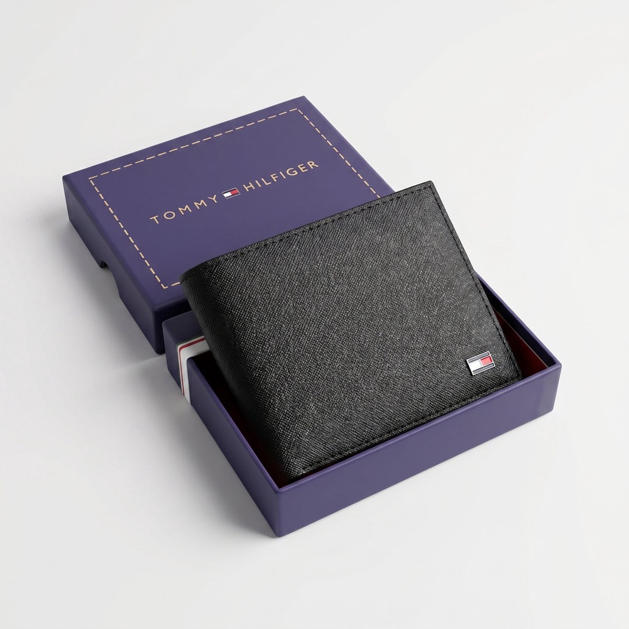 Tommy Hilfiger Men's Wallet - Textured Leather Bifold Wallet Black