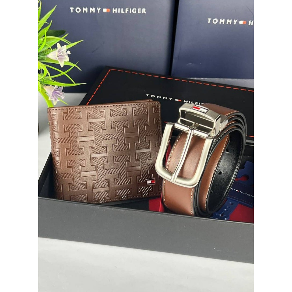 TH Brown Leather Wallet-Belt Set For Men #03