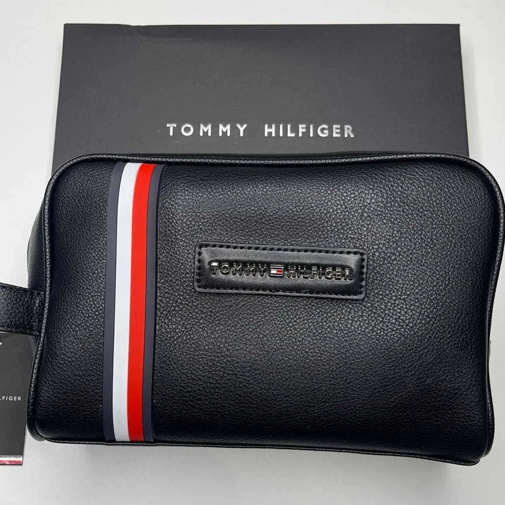 Tommy Hilfiger Polished Black Leather Pouch For Men #0014