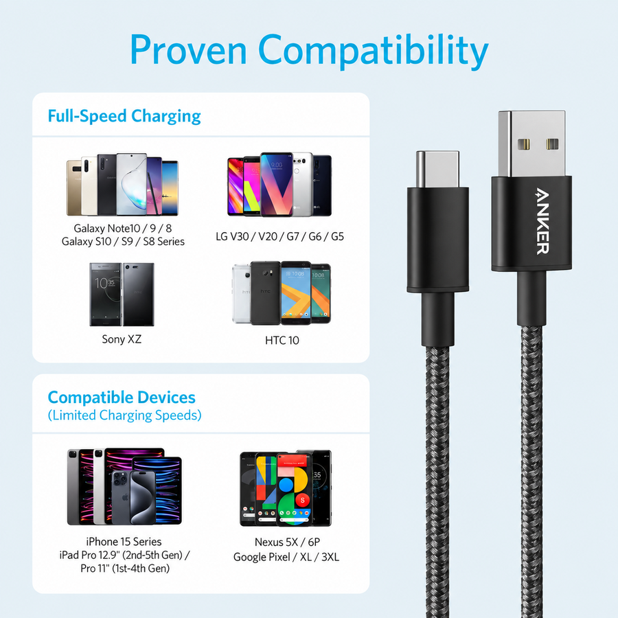 كابل Anker نايلون USB-A إلى USB-C بطول 6 قدم A8173H11 أسود