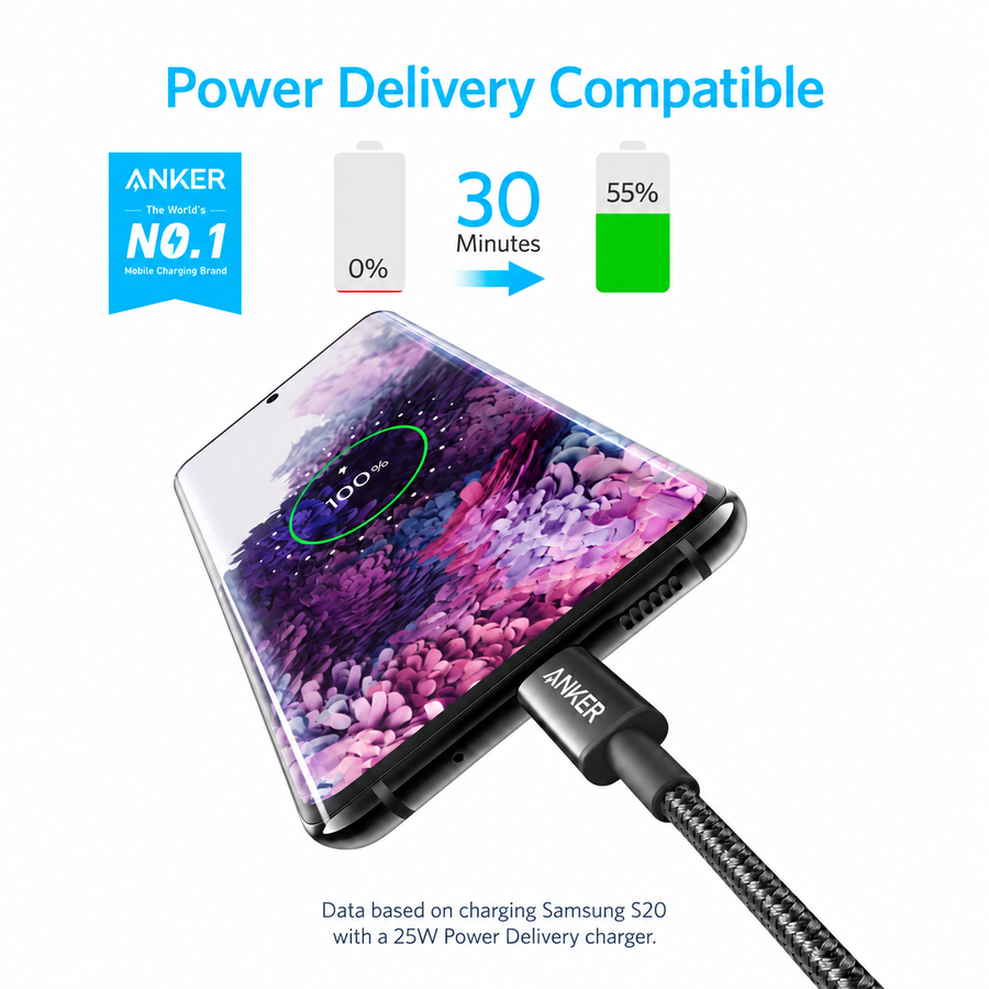 كابل Anker نايلون USB-C إلى USB-C بطول 1 متر وشحن PD 60W A8752H11 أسود