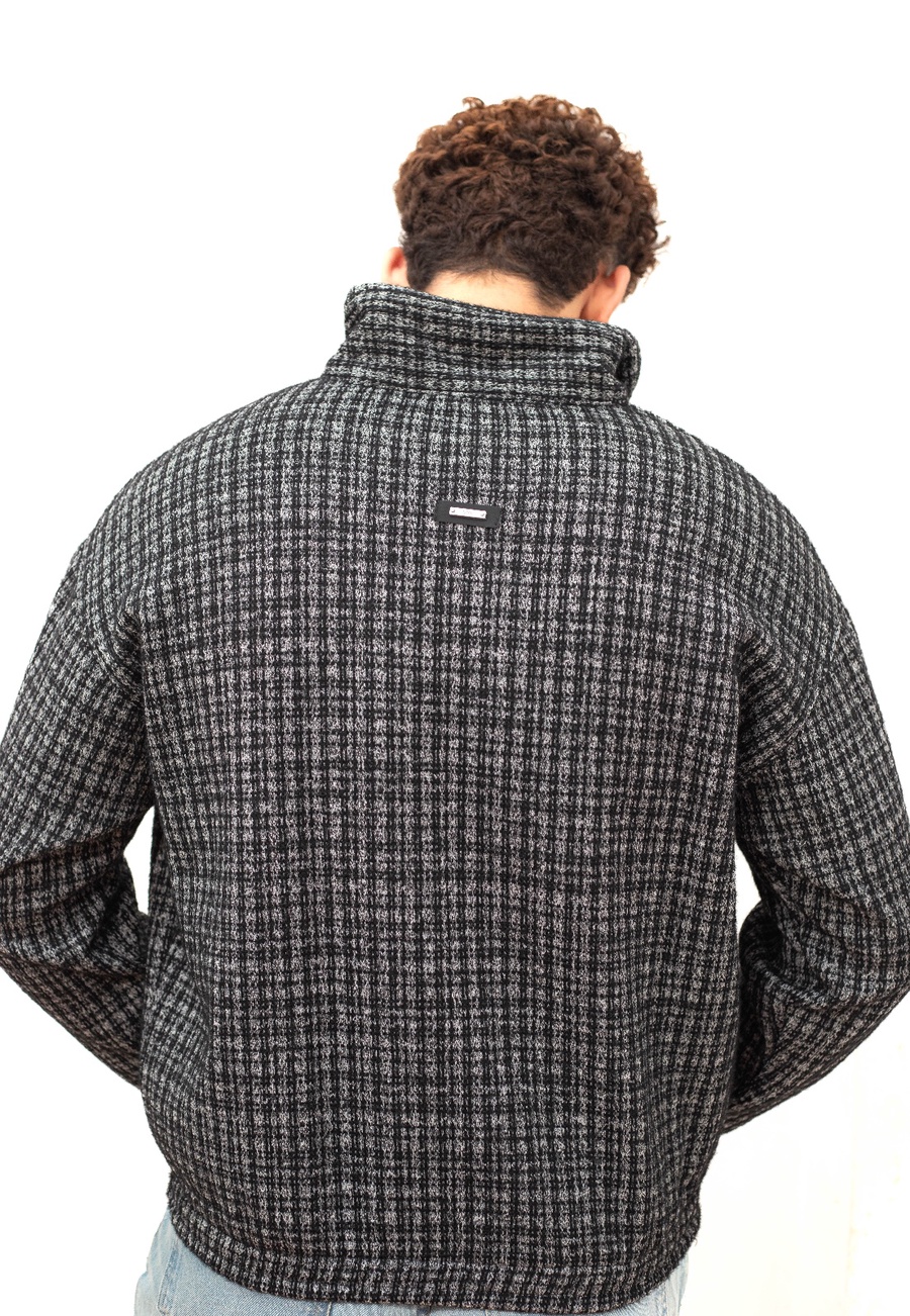 سويت شيرت كاروهات رمادي بسوستة — Grey Check Half-Zip Sweatshirt