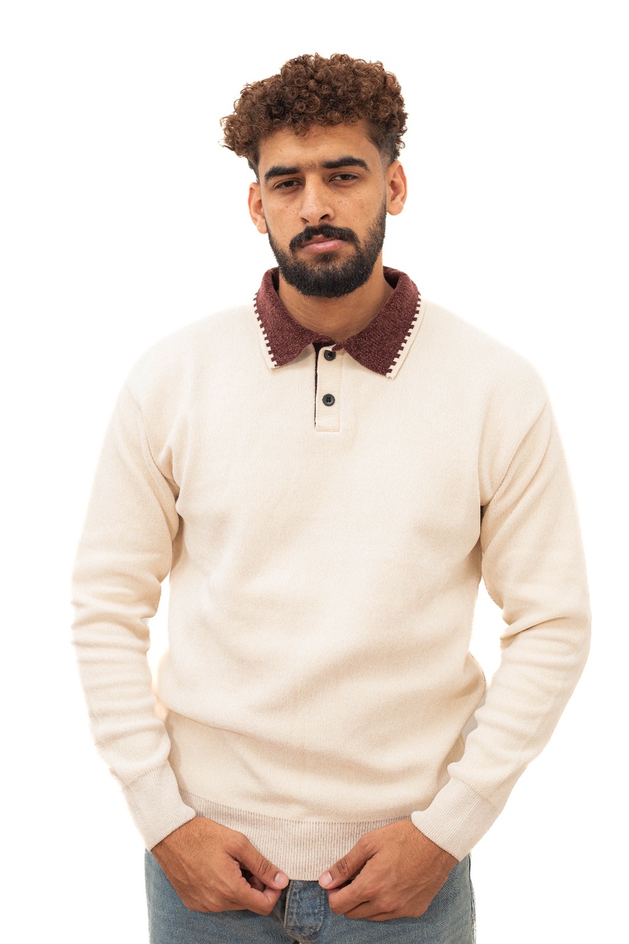 بلوفر تريكو بياقة بيج — Beige Knit Polo Sweater