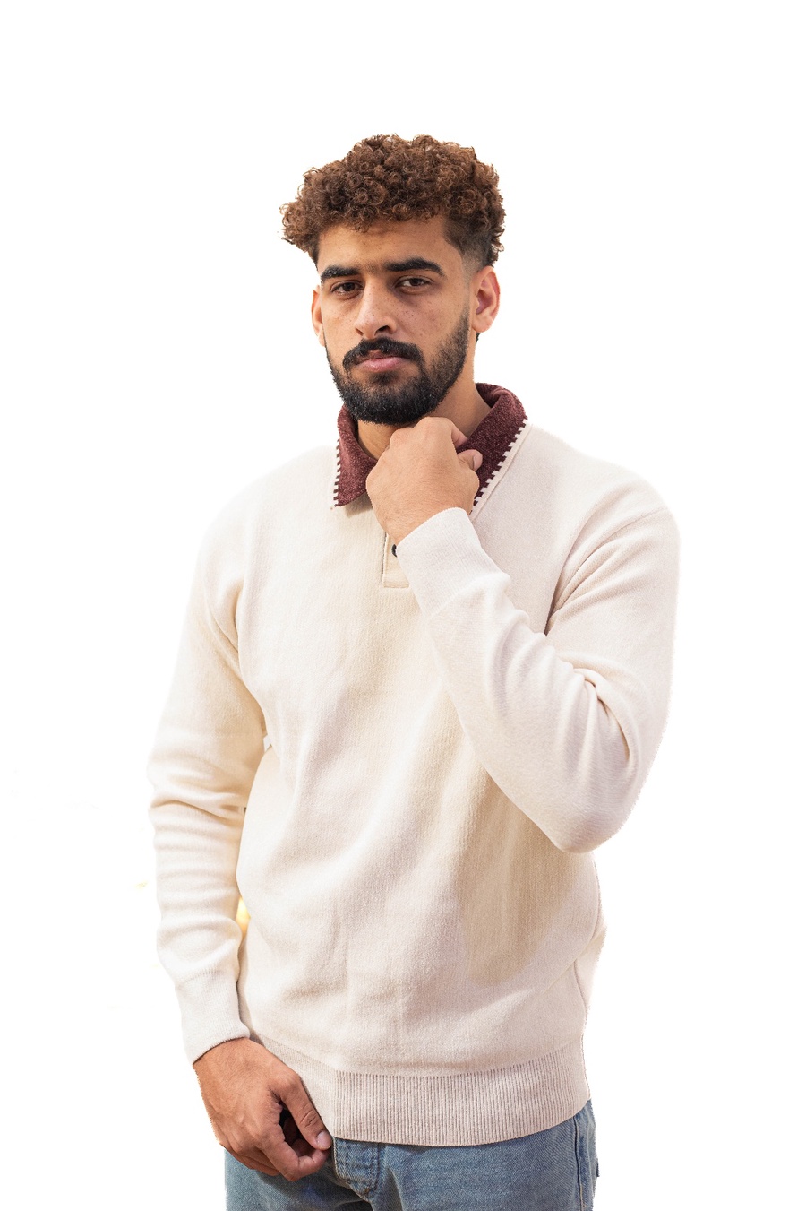 بلوفر تريكو بياقة بيج — Beige Knit Polo Sweater