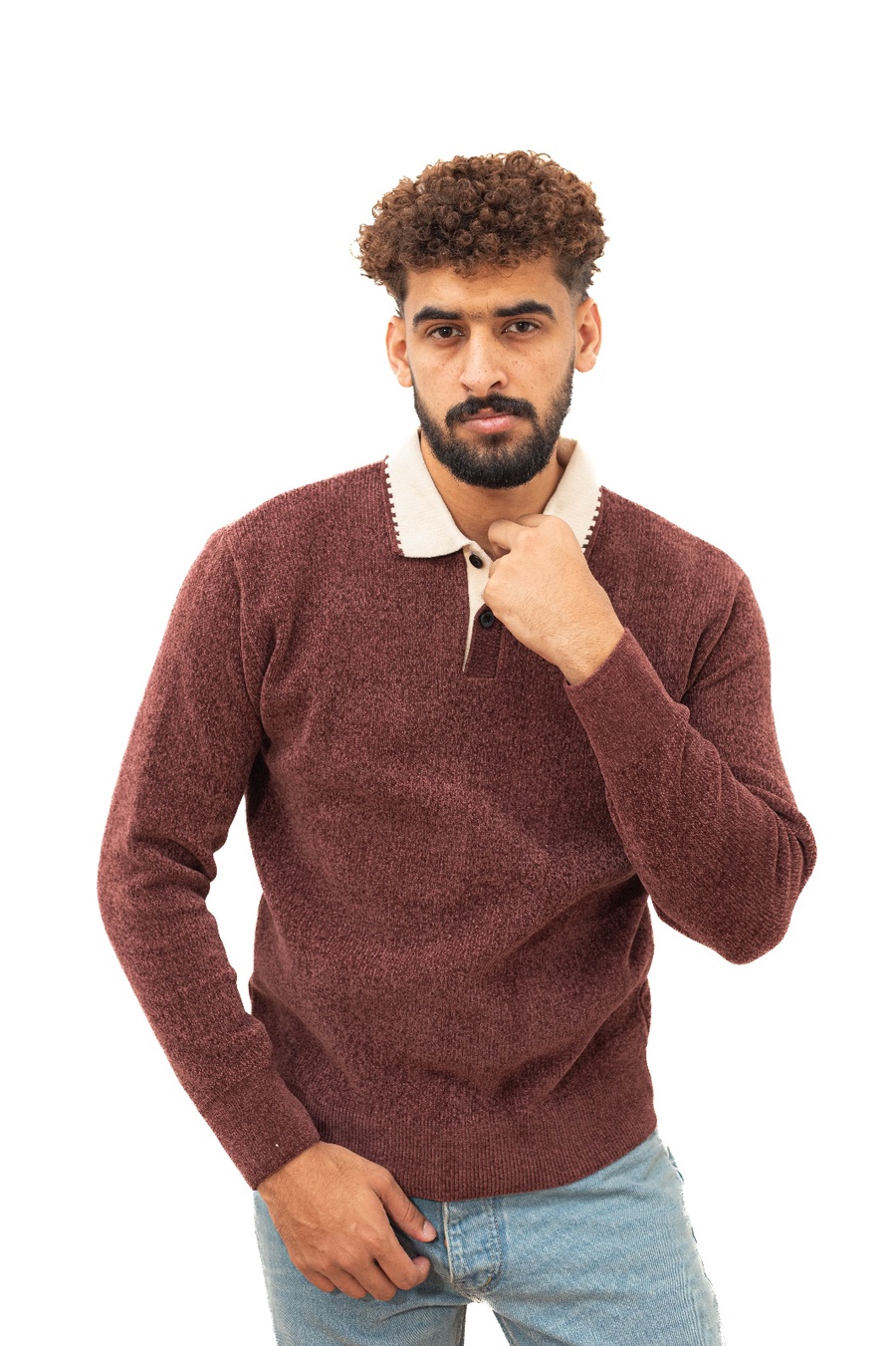 بلوفر تريكو بياقة نبيتي — Burgundy Knit Polo Sweater