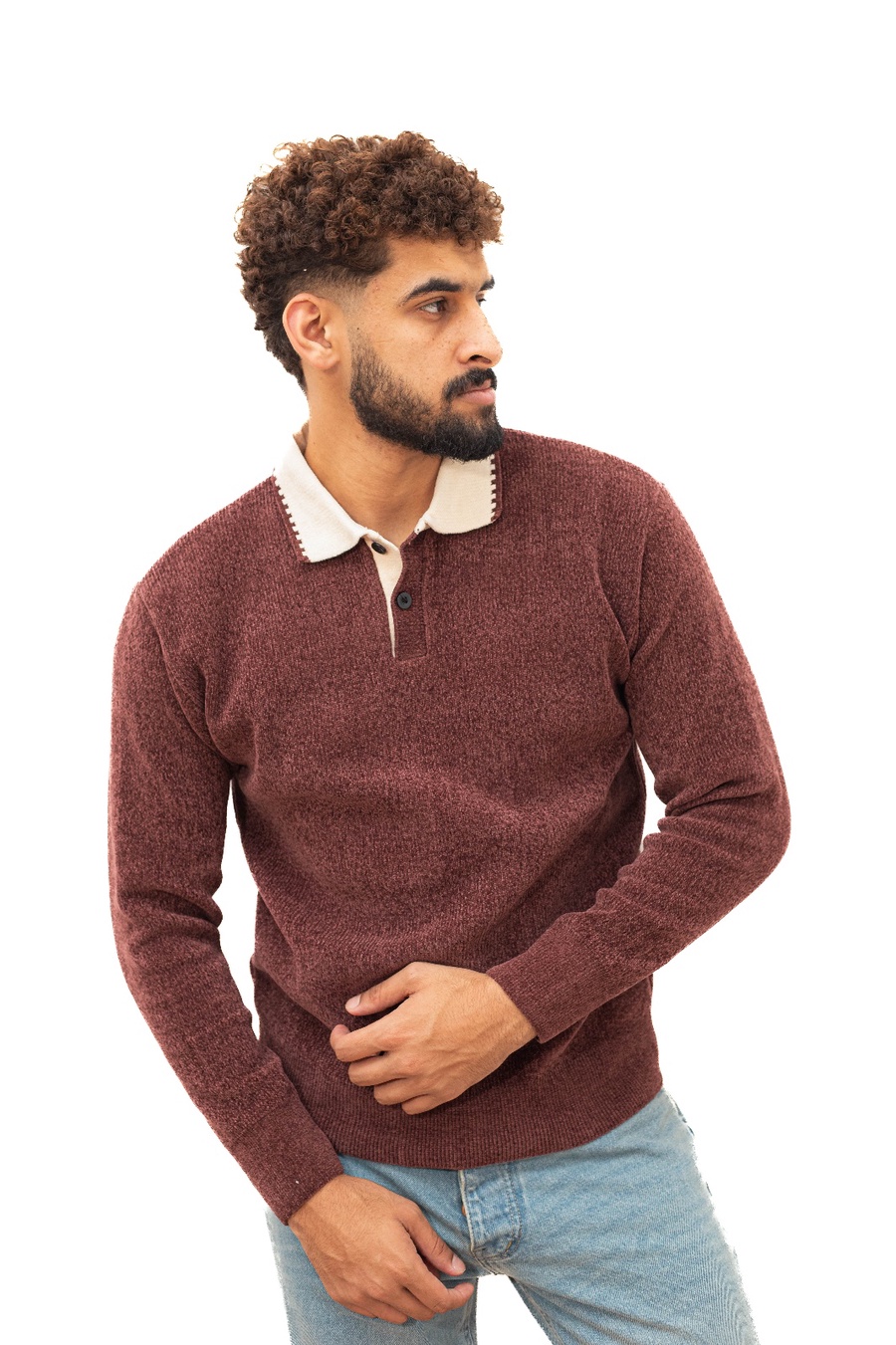 بلوفر تريكو بياقة نبيتي — Burgundy Knit Polo Sweater