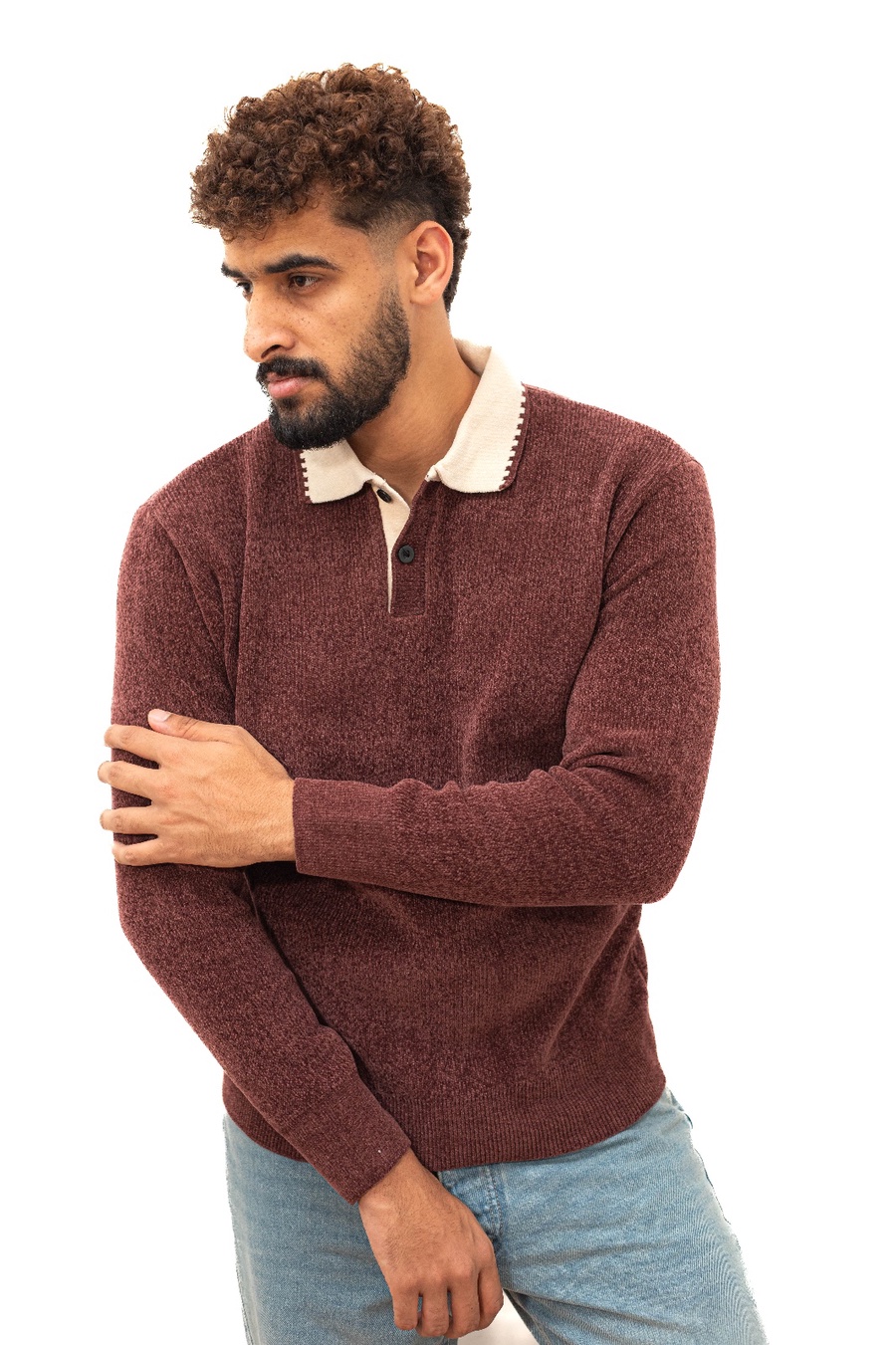 بلوفر تريكو بياقة نبيتي — Burgundy Knit Polo Sweater