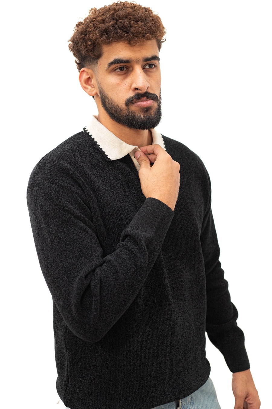 بلوفر تريكو بياقة أسود — Black Knit Polo Sweater