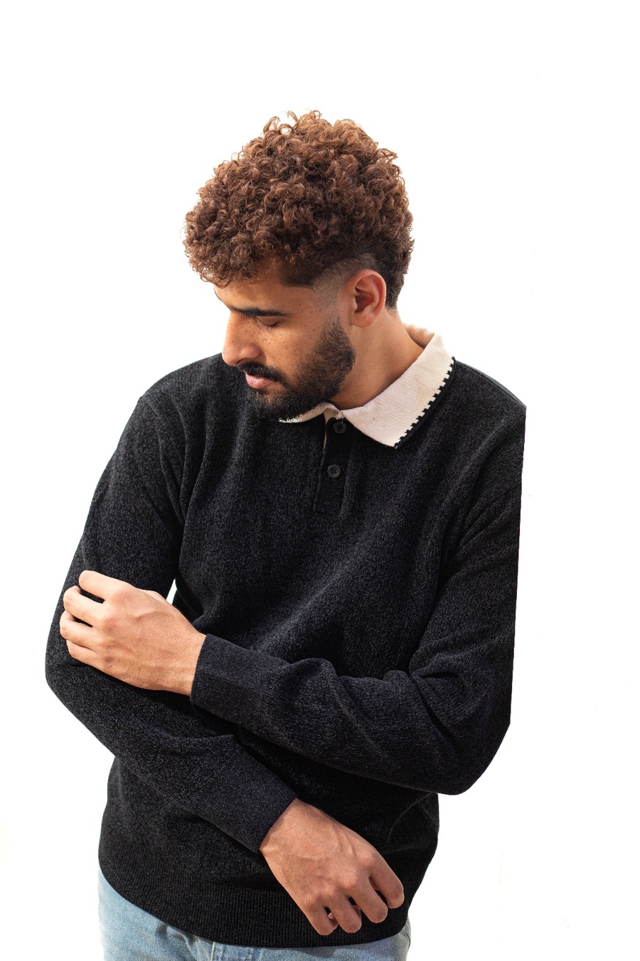 بلوفر تريكو بياقة أسود — Black Knit Polo Sweater