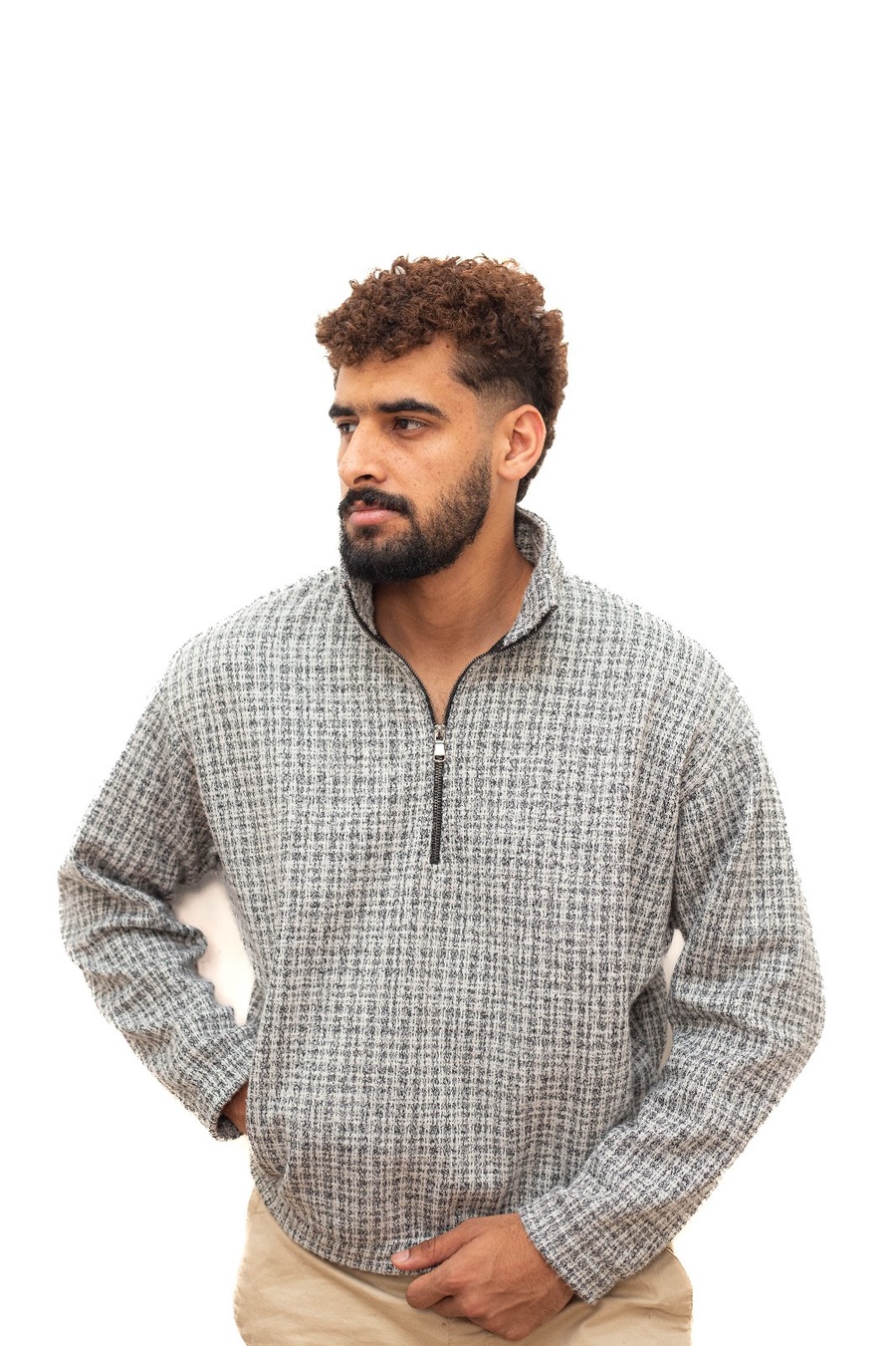 سويت شيرت كاروهات رمادي فاتح بسوستة — Light Grey Check Half-Zip Sweatshirt
