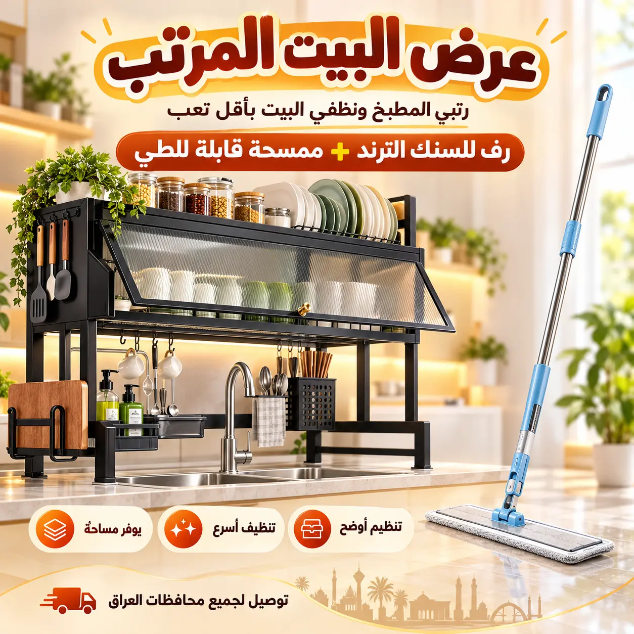عرض البيت المرتب رف للسنك الترند وممسحة قابلة للطي