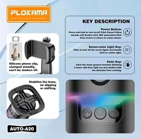 حامل موبايل ذكي PLOKAMA AUTO-A20 بتتبع الوجه 360° وريموت تحكم بلوتوث - افضل جيمبل لتصوير الفيديوهات، اللايف، وصناعة المحتوى