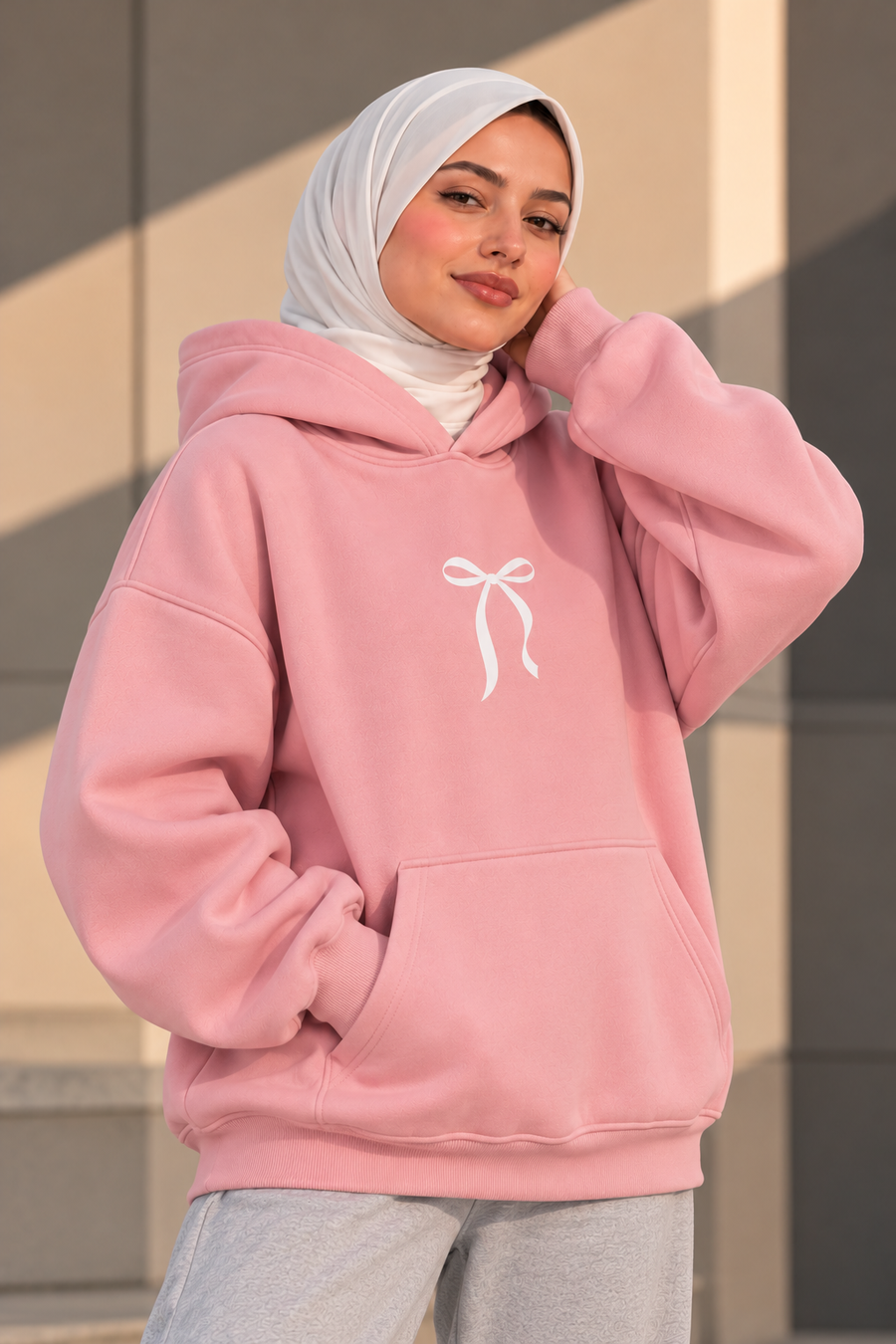 Bow Oversized Hoodie – Baby Rose