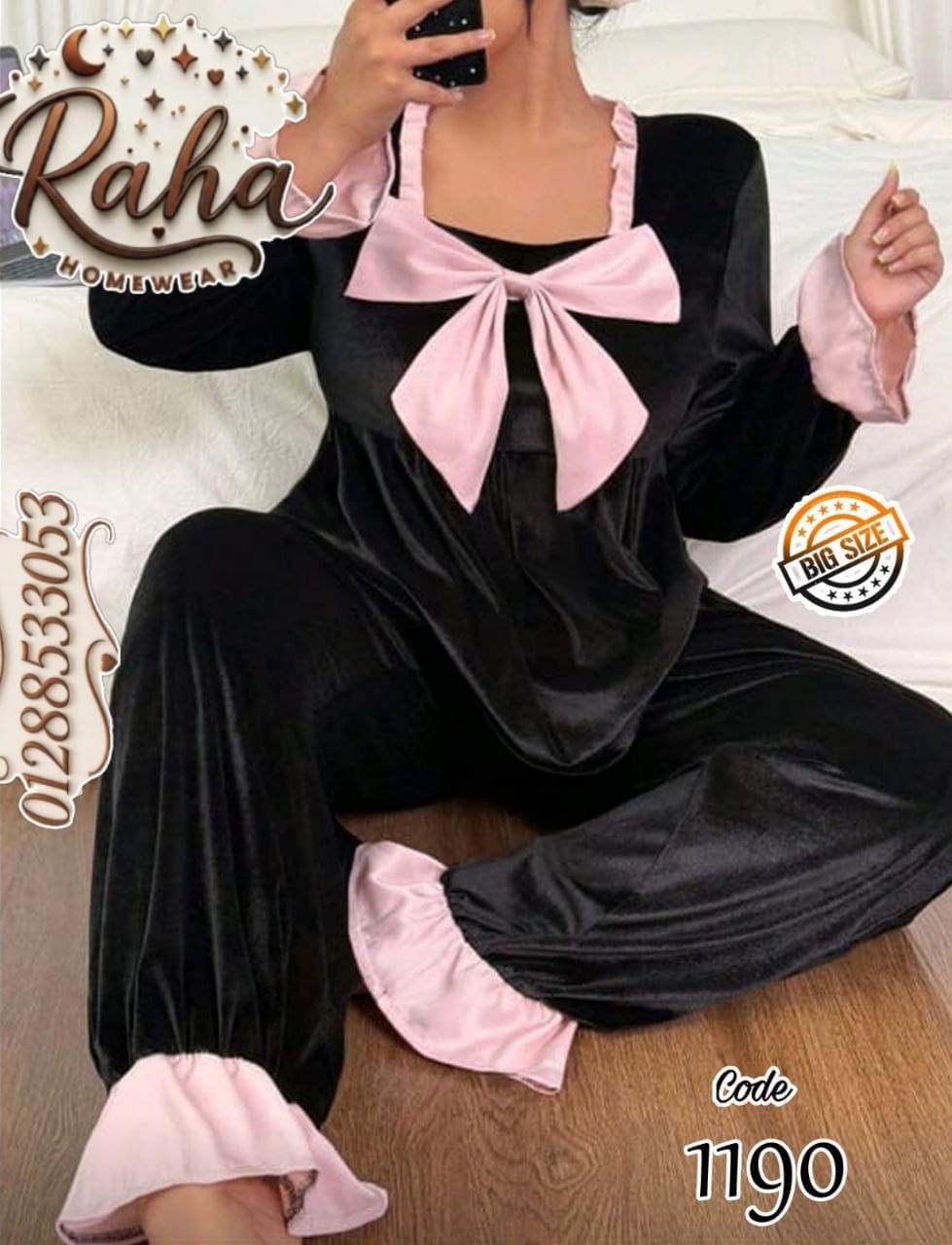 بيجامة هايدي وشين شتوية أسود وبينك بفيونكة ورانيش – بيج سايز كود 1190 🎀🖤
