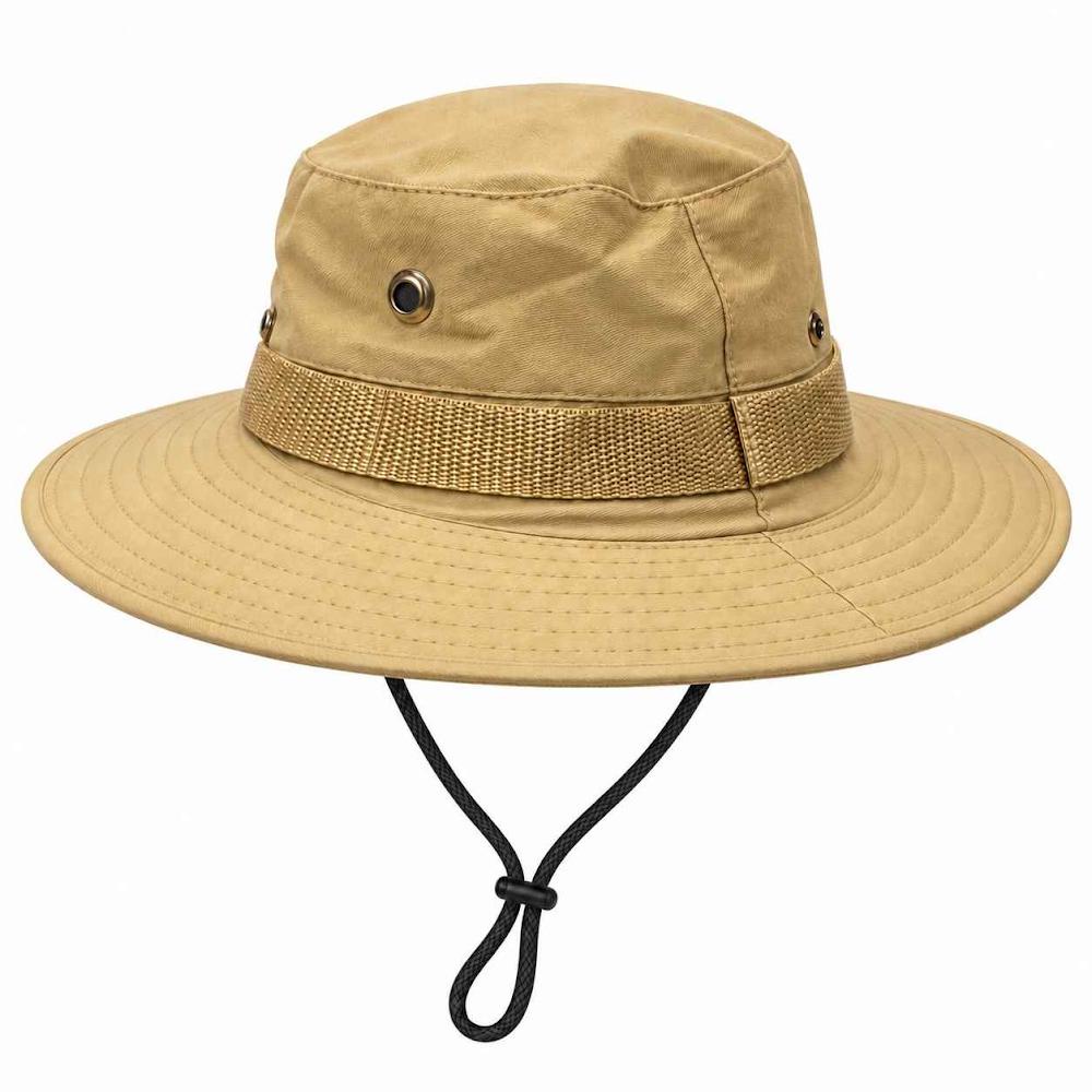 طاقية كشفية بيج بحافة عريضة ورباط قابل للتعديل للرحلات والتخييم Beige Scout Hat with Wide Brim and Adjustable Chin Strap for Hiking and Camping