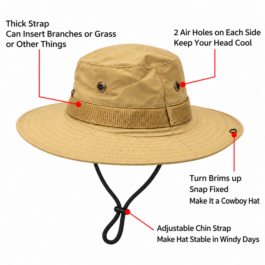 طاقية كشفية بيج بحافة عريضة ورباط قابل للتعديل للرحلات والتخييم Beige Scout Hat with Wide Brim and Adjustable Chin Strap for Hiking and Camping