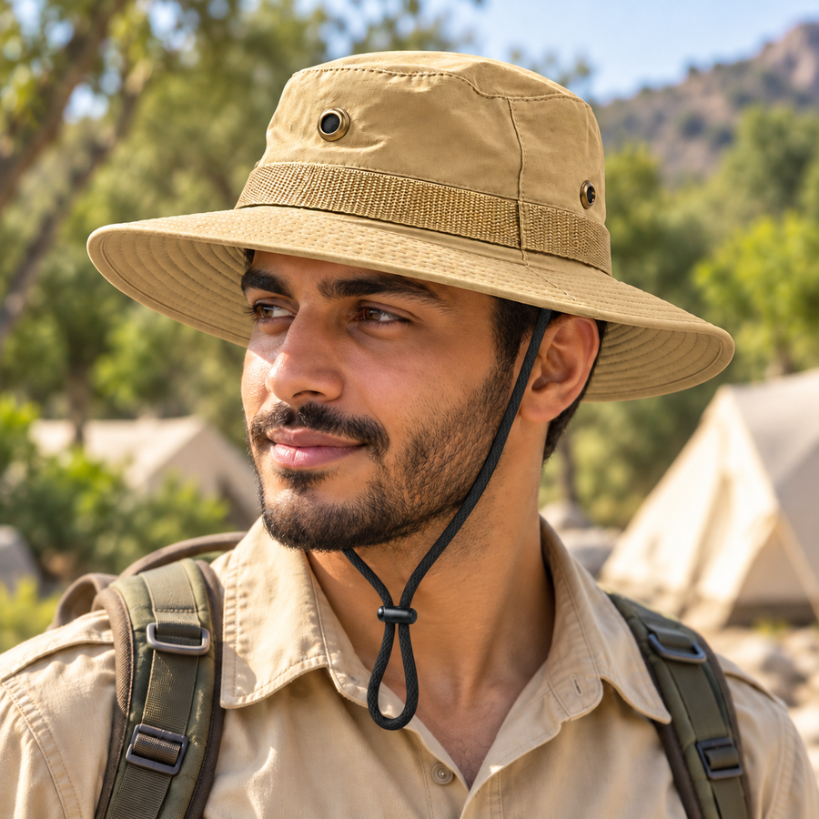 طاقية كشفية بيج بحافة عريضة ورباط قابل للتعديل للرحلات والتخييم Beige Scout Hat with Wide Brim and Adjustable Chin Strap for Hiking and Camping