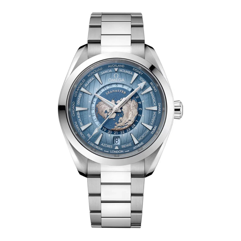 Omega Watch For Men - Seamaster Aqua Terra 150M Worldtimer, Steel on Steel, Summer Blue - Ref. 220.10.43.22.03.002