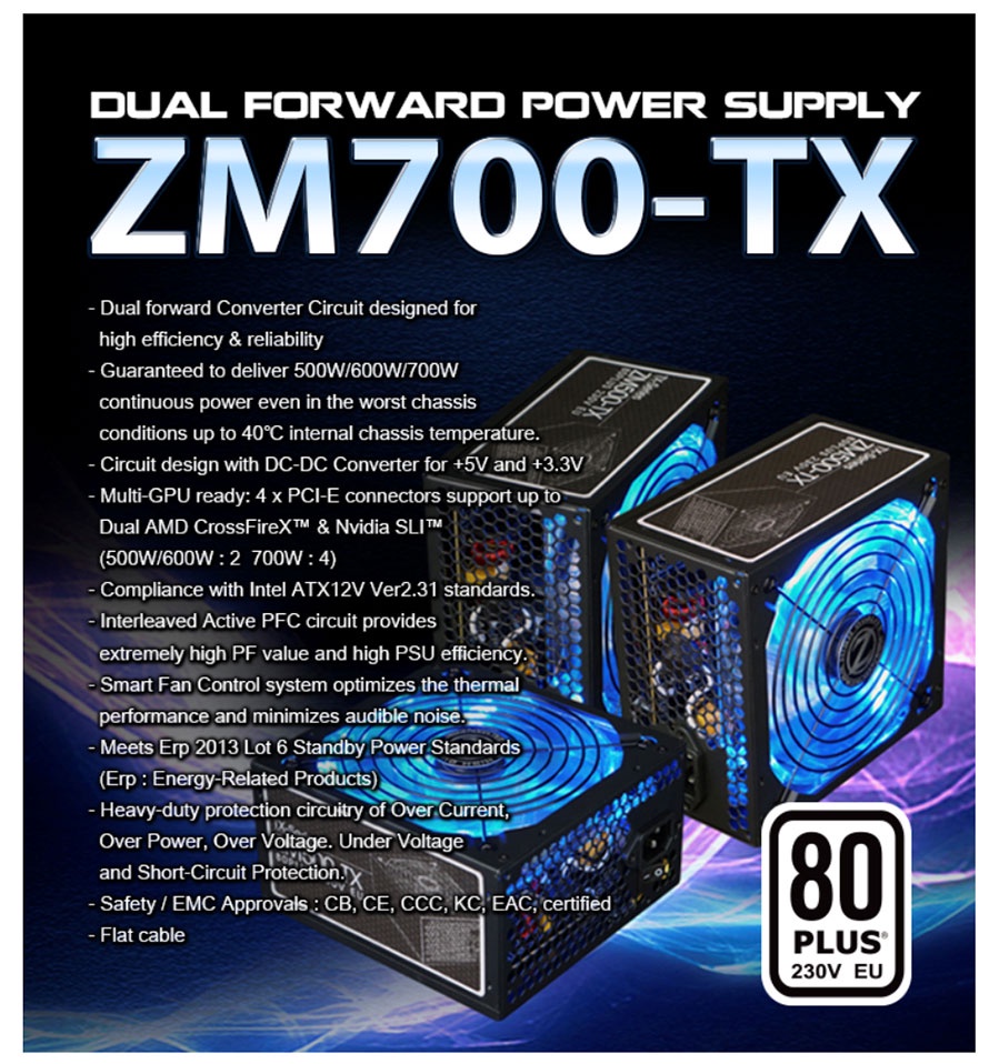 باور سبلاي استيراد مروحة مضيئة 700 وات  Zalman ZM700-TX 80 PLUS  – ببرشامة المصنع