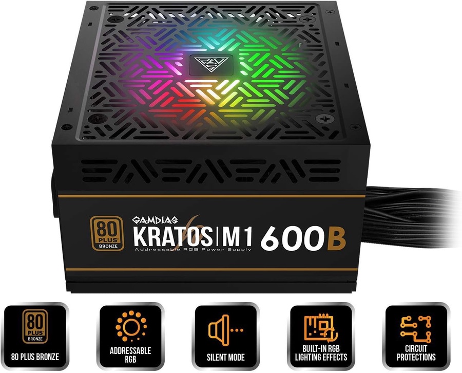 باور سبلاي شبه زيرو بالكرتونة GAMDIAS KRATOS M1-600B 80 PLUS Bronze  إضاءة ARGB بتأثيرات Neon-Flex   