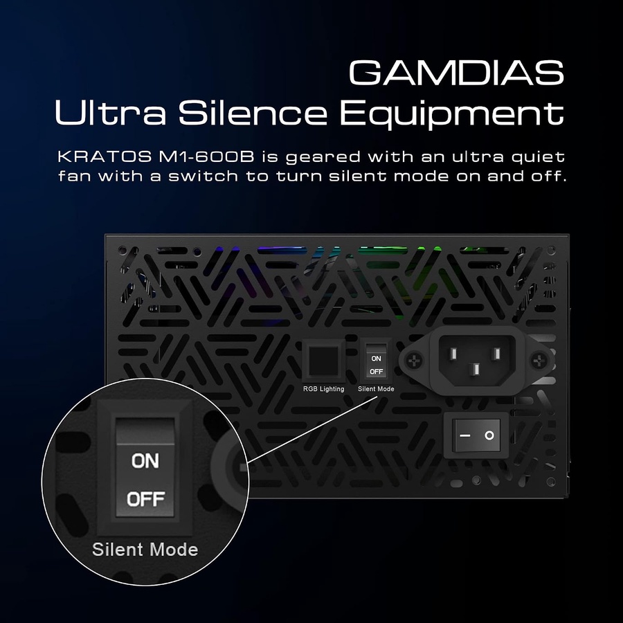 باور سبلاي شبه زيرو بالكرتونة GAMDIAS KRATOS M1-600B 80 PLUS Bronze  إضاءة ARGB بتأثيرات Neon-Flex   