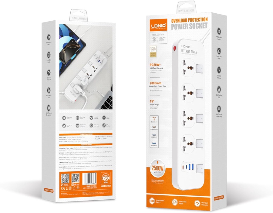 LDNIO SC4408C 2500W Power Socket with 4 AC Outlets & 4 USB Fast Charging Ports
