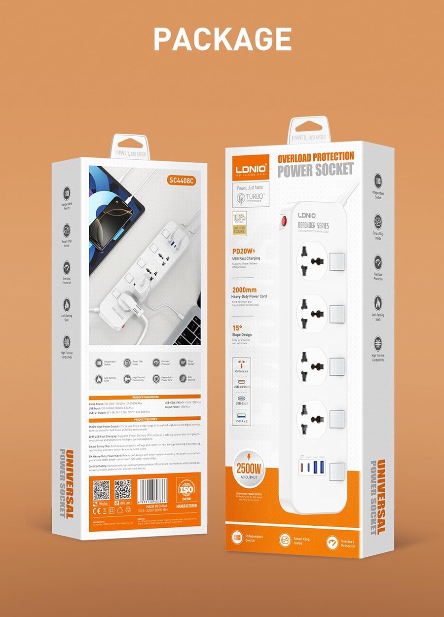 LDNIO SC4408C 2500W Power Socket with 4 AC Outlets & 4 USB Fast Charging Ports