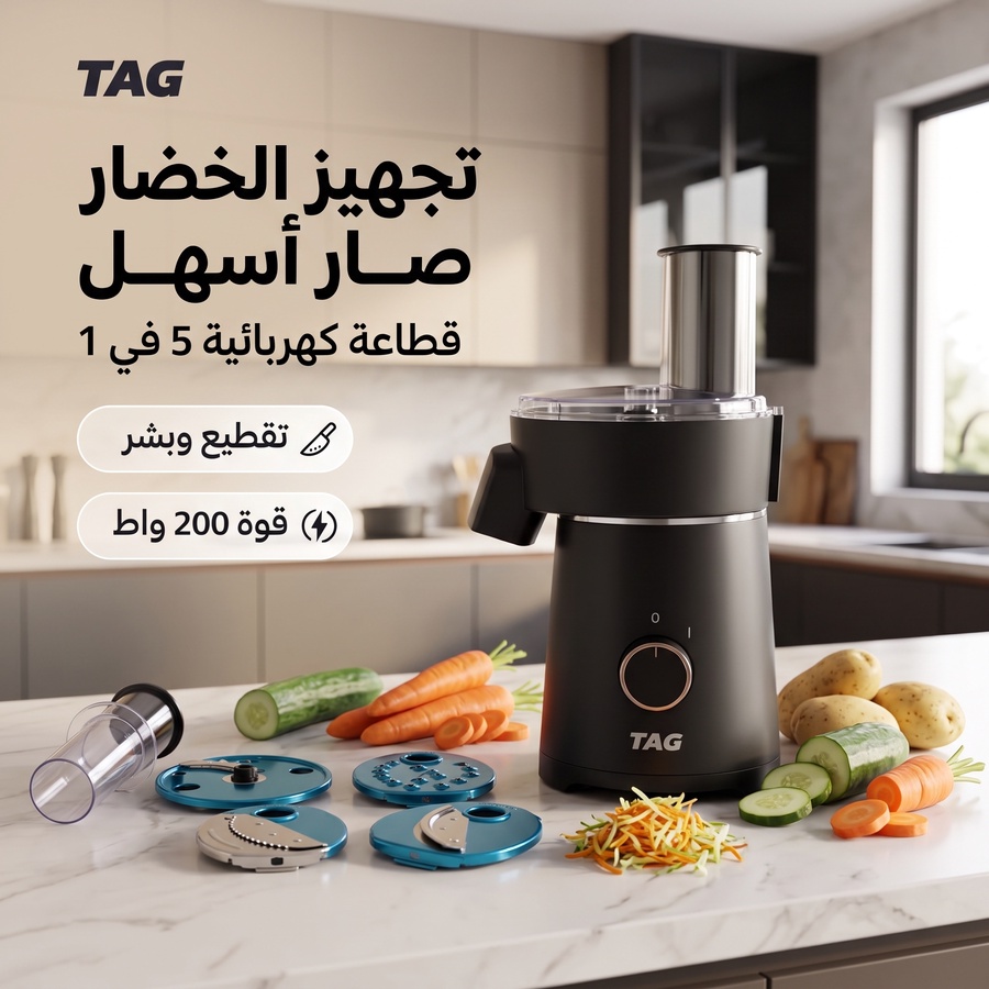  قطاعة الخضروات الكهربائية TAG الذكية 5 في 1 – 4 شفرات ستانلس ستيل مقاومة للصدأ بضمان عامين + شحن مجاني 🎁 وخصم حصري 50% لفترة محدودة!  (عرض 48 ساعة)