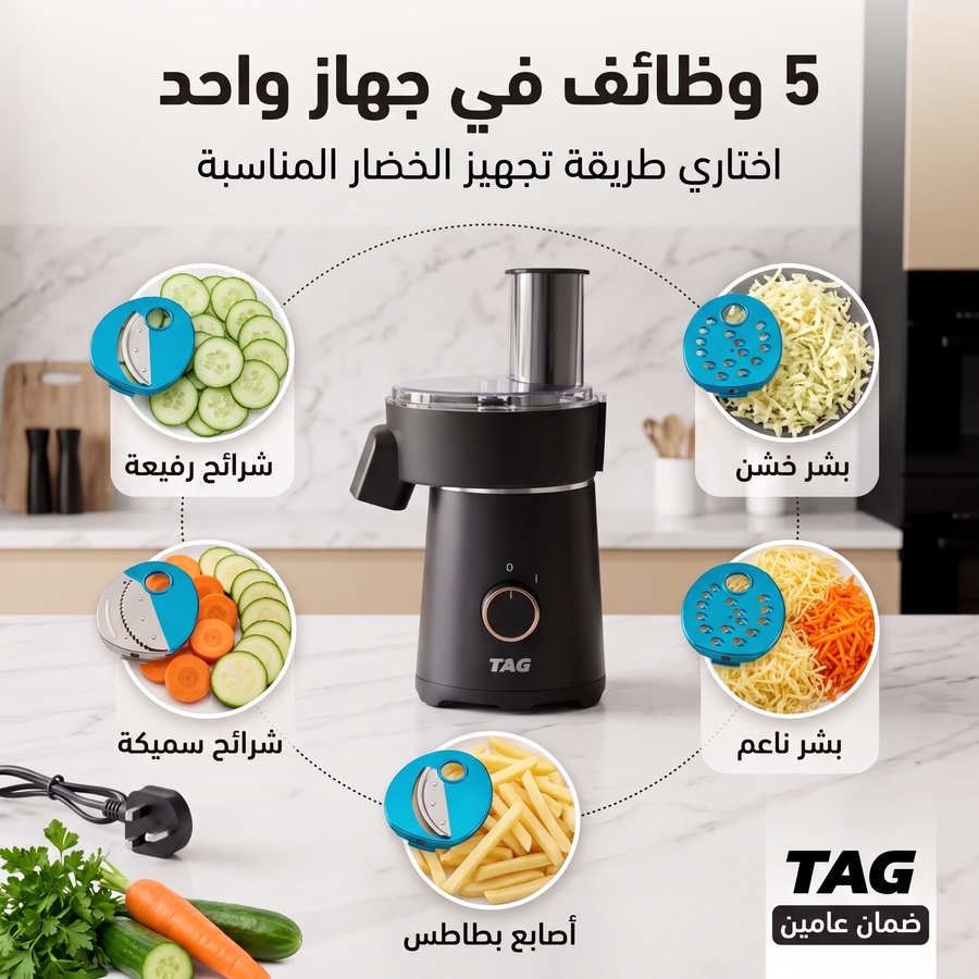  قطاعة الخضروات الكهربائية TAG الذكية 5 في 1 – 4 شفرات ستانلس ستيل مقاومة للصدأ بضمان عامين + شحن مجاني 🎁 وخصم حصري 50% لفترة محدودة!  (عرض 48 ساعة)