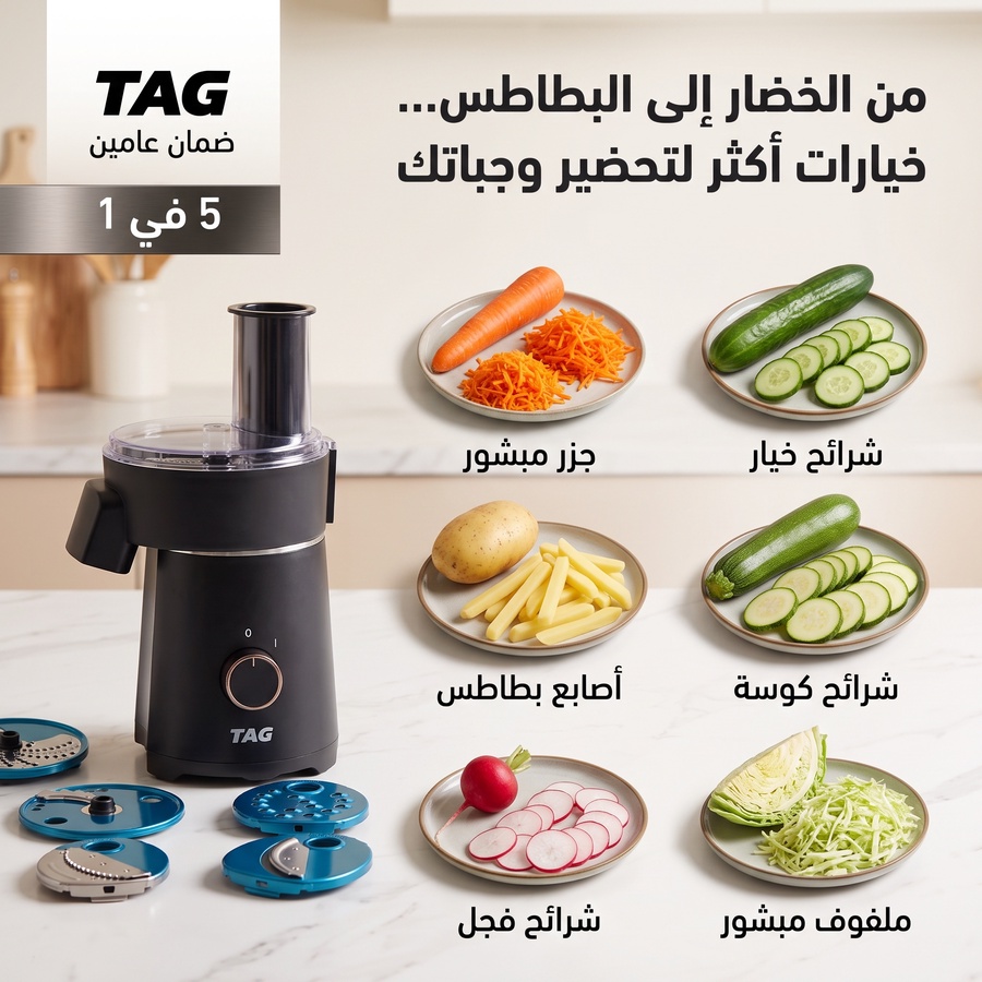  قطاعة الخضروات الكهربائية TAG الذكية 5 في 1 – 4 شفرات ستانلس ستيل مقاومة للصدأ بضمان عامين + شحن مجاني 🎁 وخصم حصري 50% لفترة محدودة!  (عرض 48 ساعة)