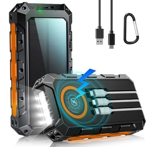 باور بانك شمسي محمول مع كشاف LED للتخييم والرحلات – أسود Portable Solar Power Bank with LED Light for Camping and Travel – Black