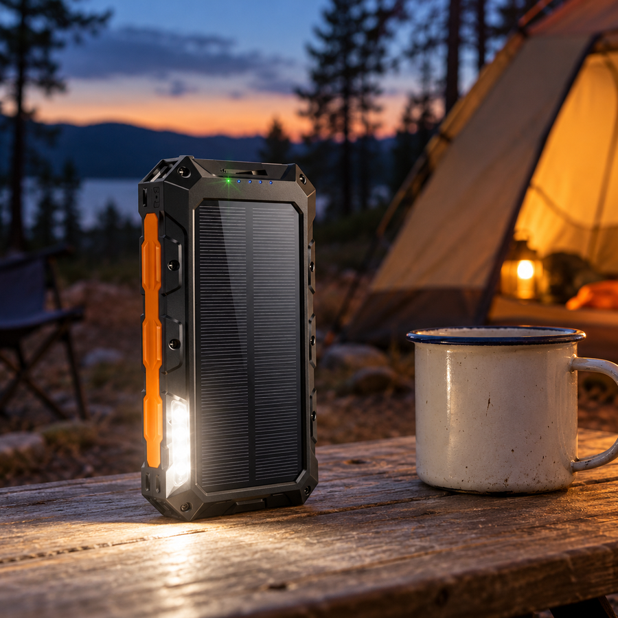 باور بانك شمسي محمول مع كشاف LED للتخييم والرحلات – أسود Portable Solar Power Bank with LED Light for Camping and Travel – Black