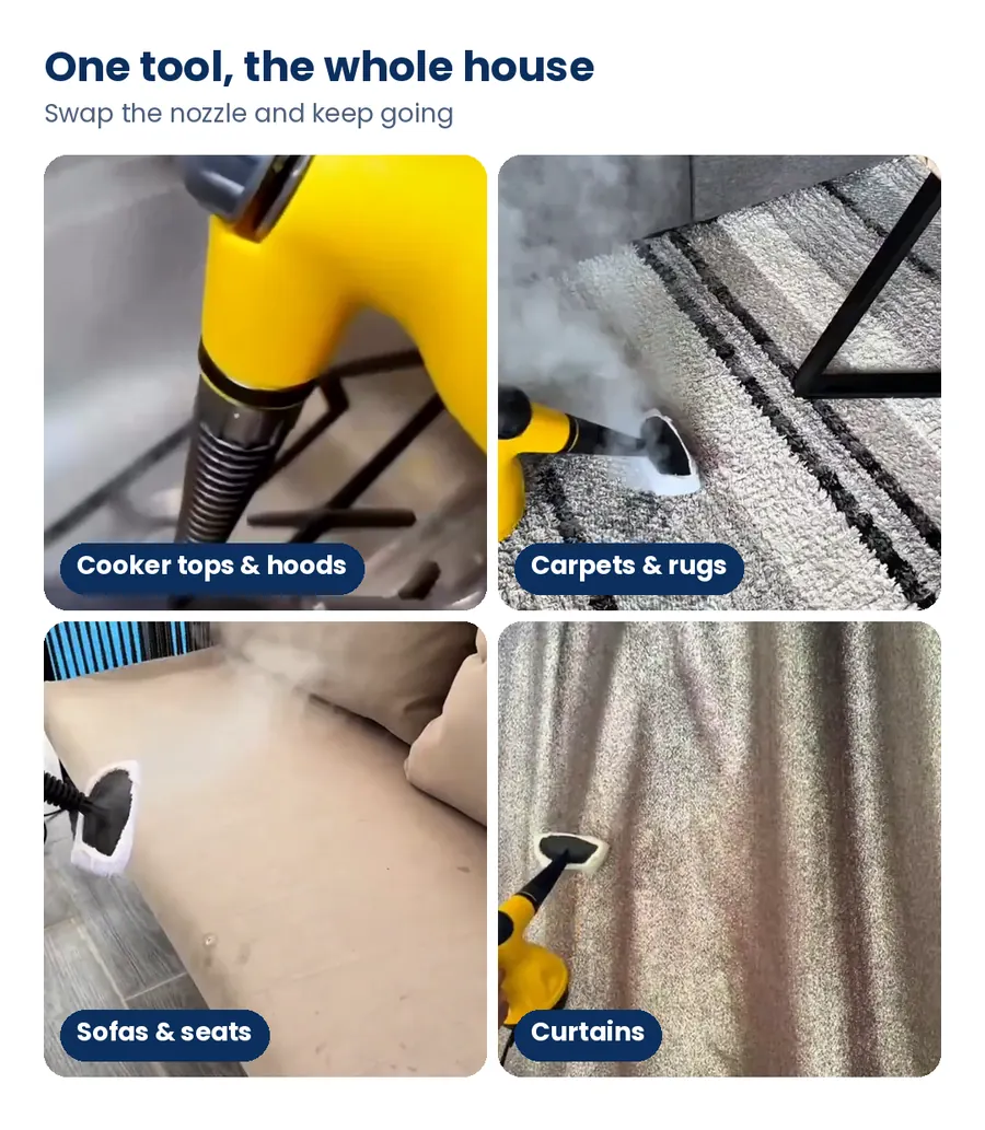 Steam cleaner used on cooker, carpet, sofa and curtains