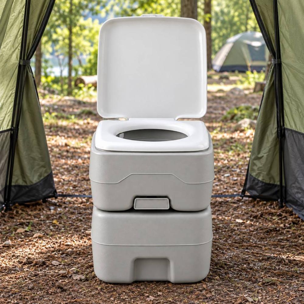 رحاض متنقل للتخييم والرحلات بمضخة شطف يدوية وخزان فضلات قابل للفصل – رمادي : Portable Camping Toilet with Manual Flush Pump and Detachable Waste Tank – Grey