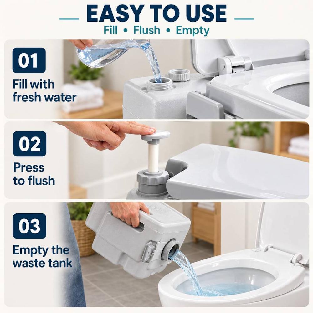 رحاض متنقل للتخييم والرحلات بمضخة شطف يدوية وخزان فضلات قابل للفصل – رمادي : Portable Camping Toilet with Manual Flush Pump and Detachable Waste Tank – Grey